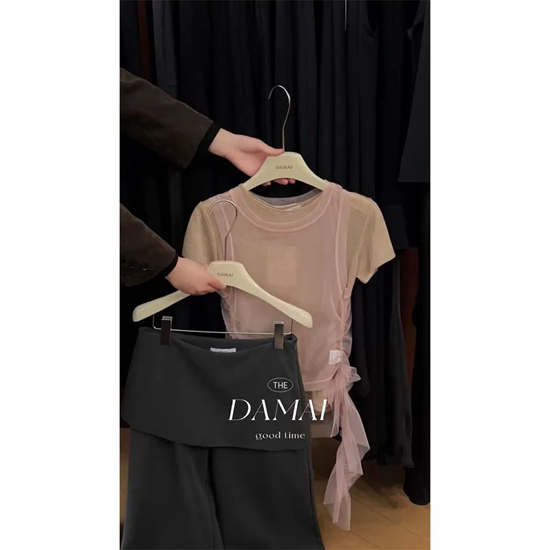 韩系夏季新款设计感小众微透短袖T恤上衣高腰高级感修身直筒裤女