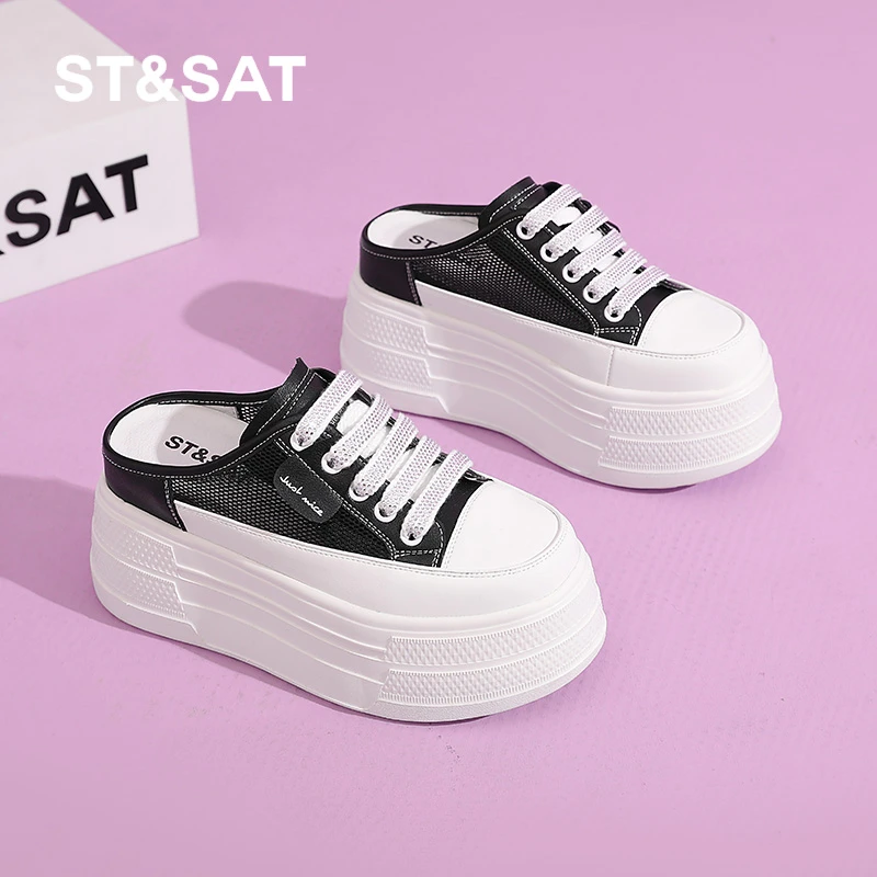 星期六真皮网面包头半拖鞋女2025夏季新款透气舒适软底松糕小白鞋