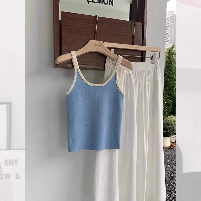 芯娇晴韩系蓝色大领口小背心吊带女夏季外穿修身短款无袖美背上衣