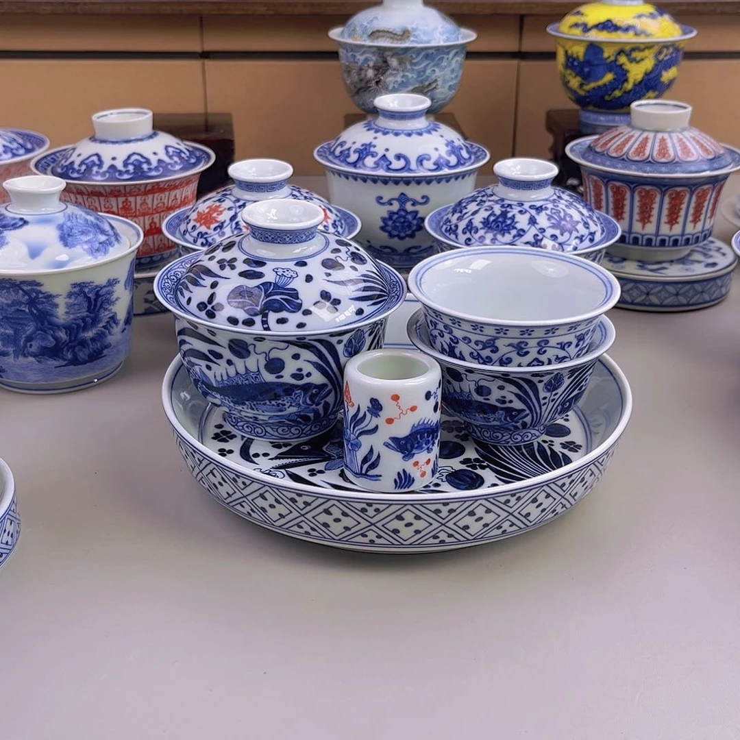 西***●仿元青花鱼藻纹盖碗壶承两个小压手带个扳指