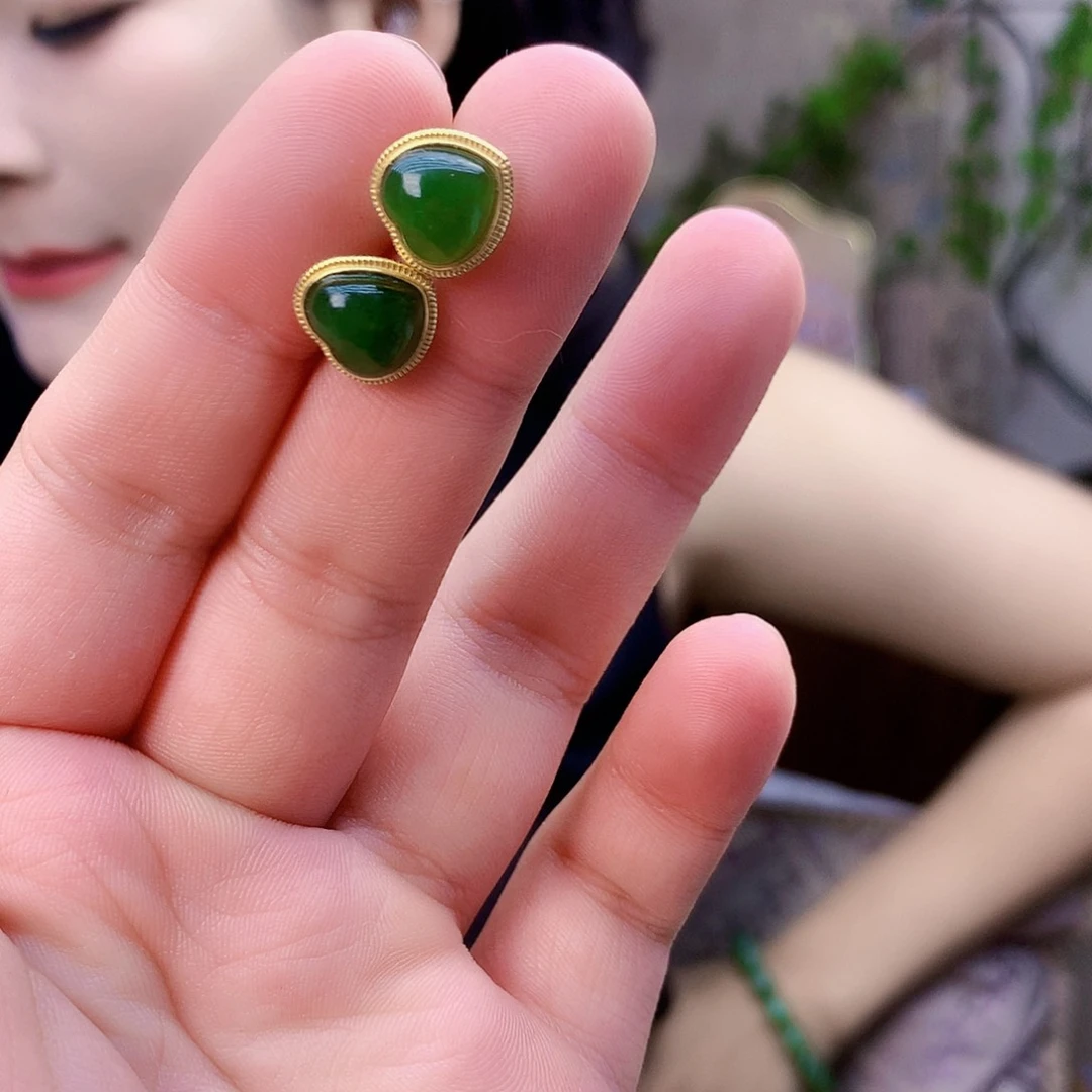 和田玉（碧玉）银S925镶嵌吊坠(不含链)耳钉