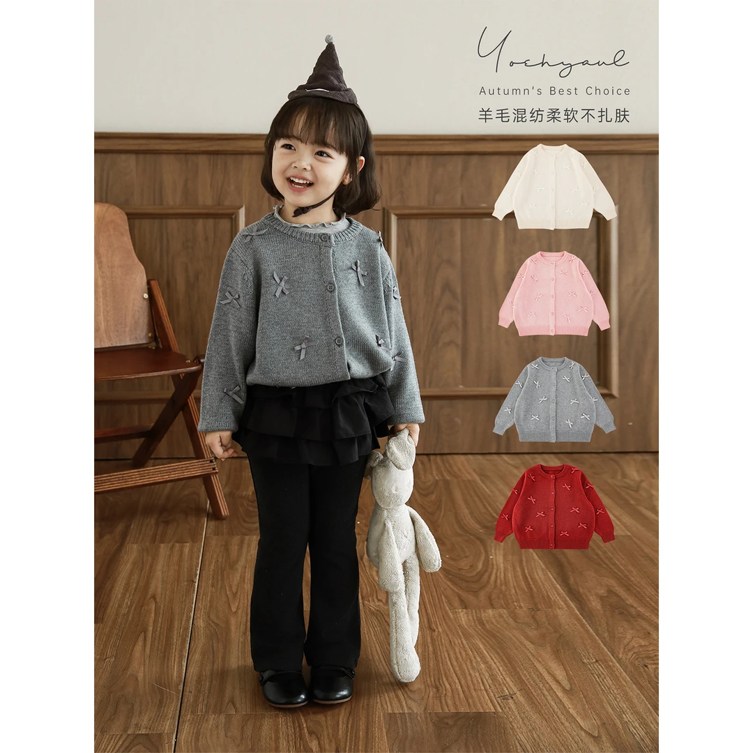 YOEHYAUL/幼悠 冬壹波混纺棉羊毛满身蝴蝶结可机洗毛衣开衫 D4368
