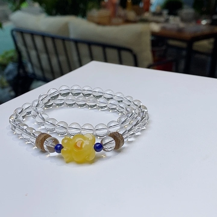 水晶手链未镶嵌两圈白水蜜蜡小熊青金沉香