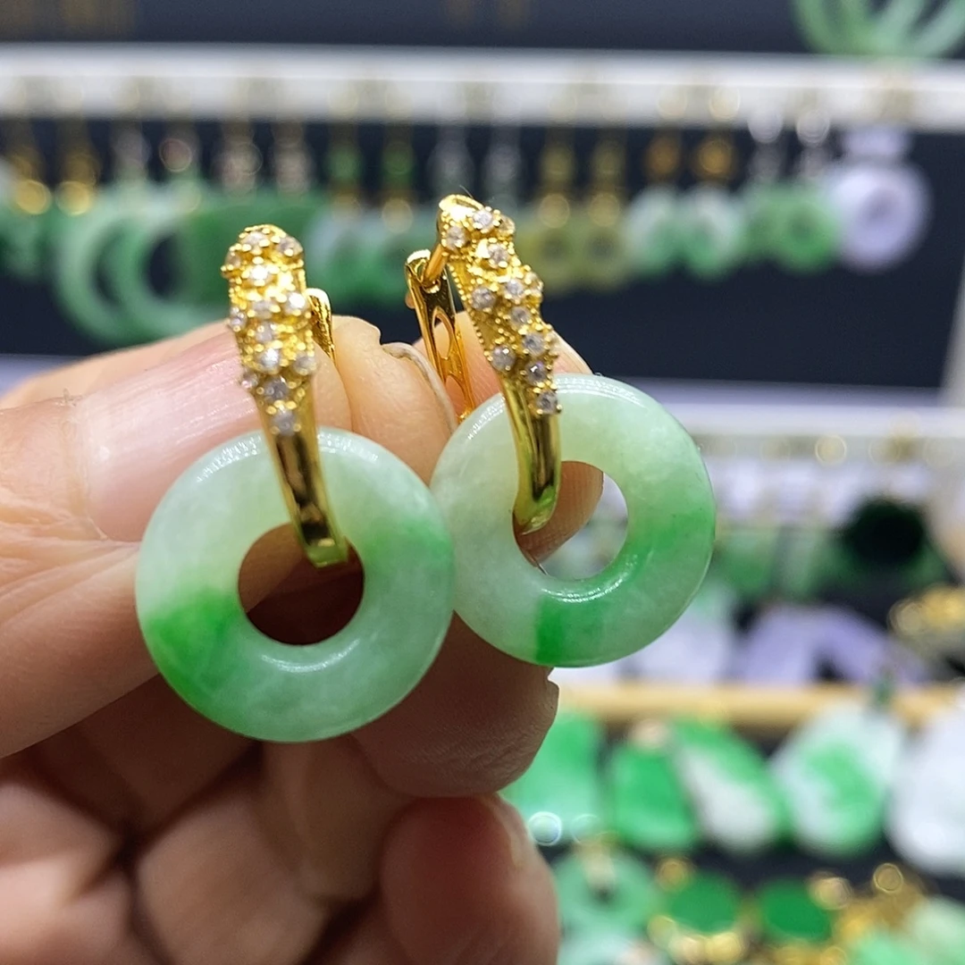 翡翠银S925镀金镶嵌耳饰耳饰