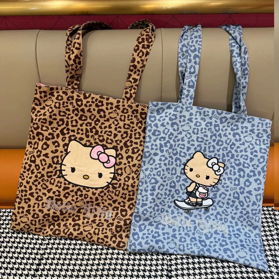 豹纹Kitty全棉烫钻托特包大容量帆布女士单肩包购物袋Z