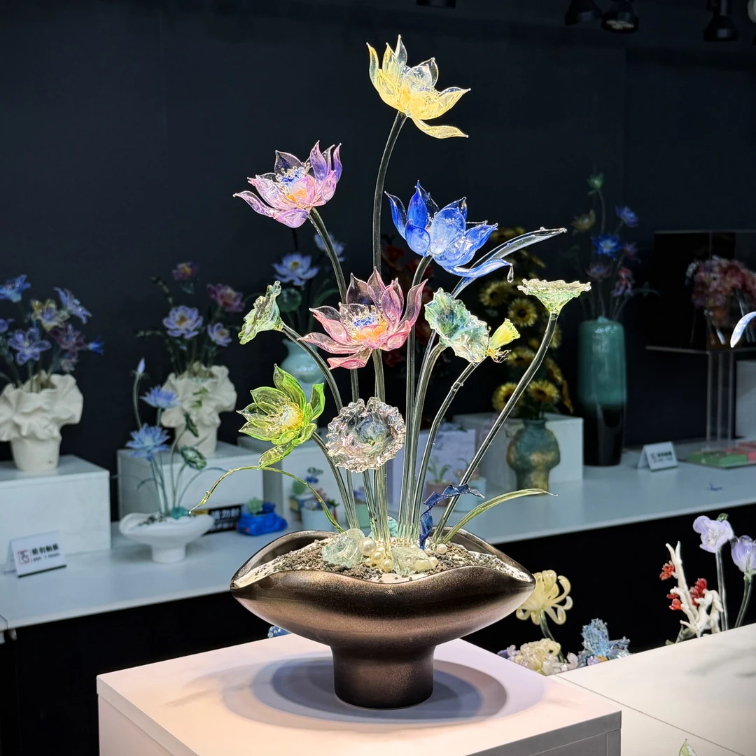 淄博琉璃摆件【荷花】【多彩宝莲】纯手工中式客厅玄关公司办公室桌面