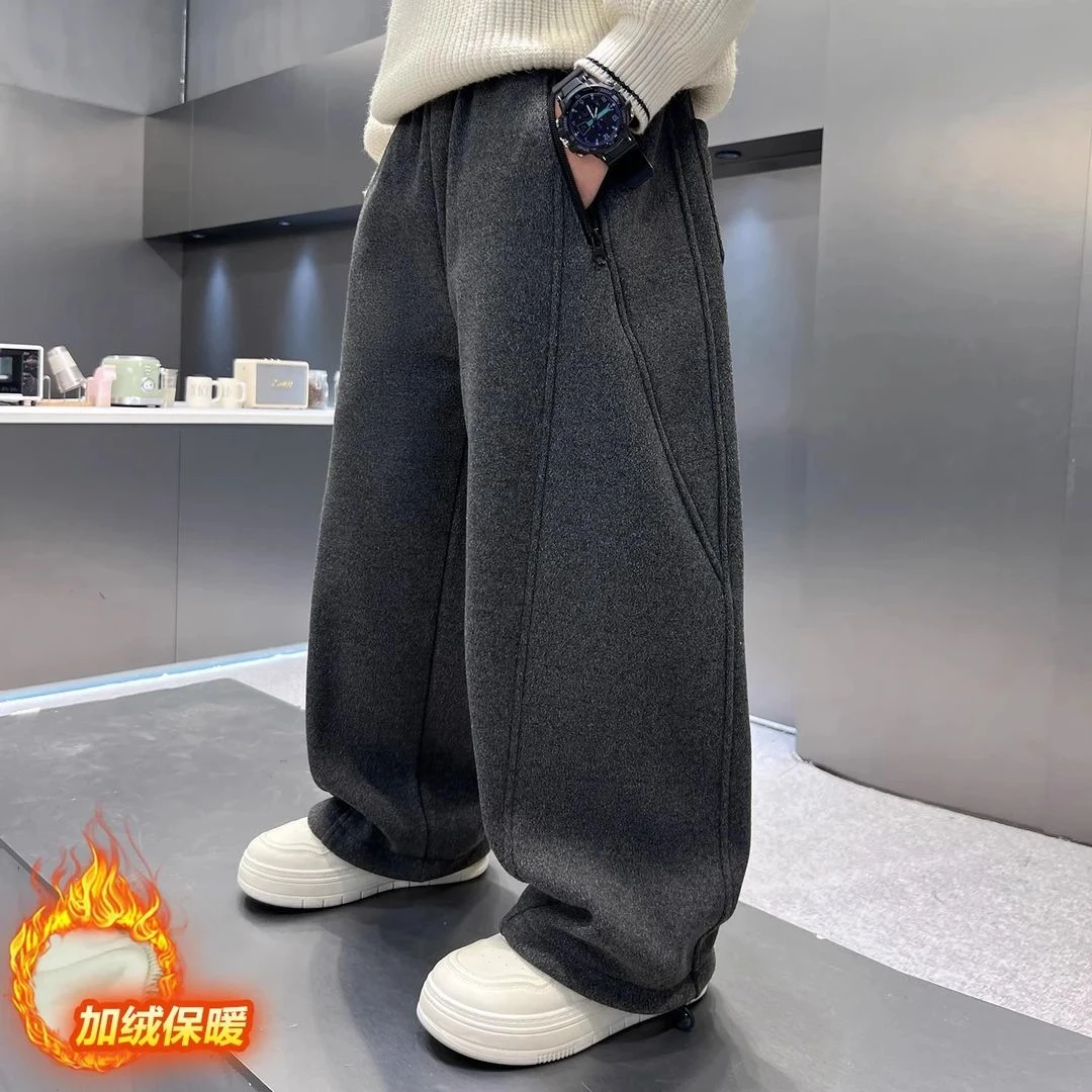 儿童装男童冬装加绒裤子2025新款大童秋冬款男孩冬季一体绒直筒裤