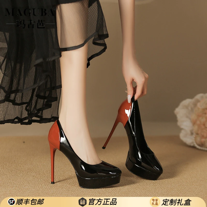MAGUBA/玛古芭高跟鞋女不累脚高级感新款细跟浅口防水台拼色