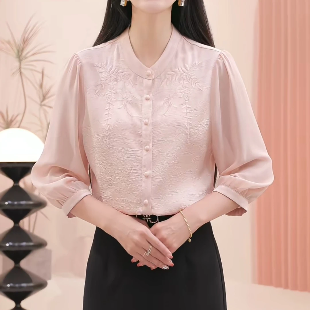 【风铃花】早秋七分袖刺绣纯色衬衫上衣减龄百搭女士女士气质上衣