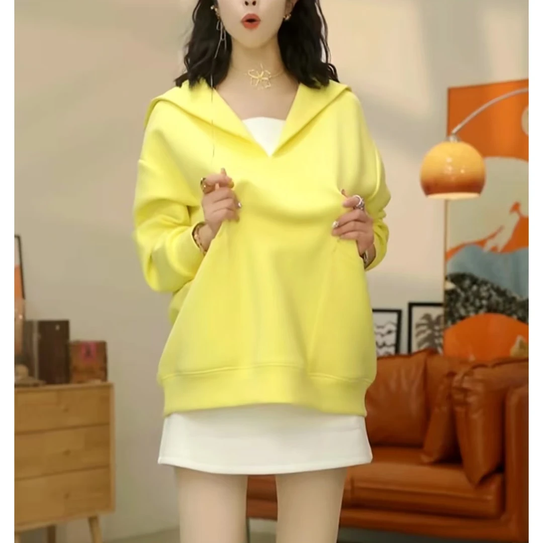 2025春装新款减龄宽松版大口袋时尚运动休闲百搭假两件连帽卫衣