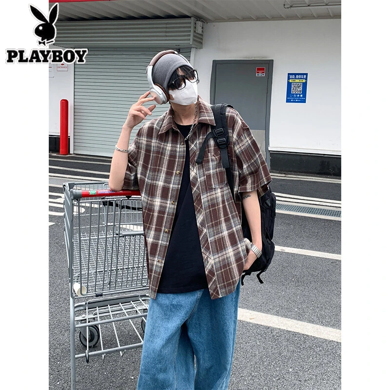 港风复古百搭格子衬衫短袖男夏装新款韩版小众高品质宽松休闲衬衣