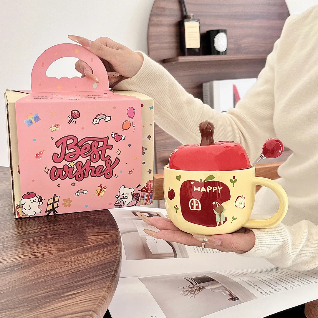 生日礼物送女生可爱苹果杯女生闺蜜马克杯带盖勺陶瓷杯子伴手礼yw