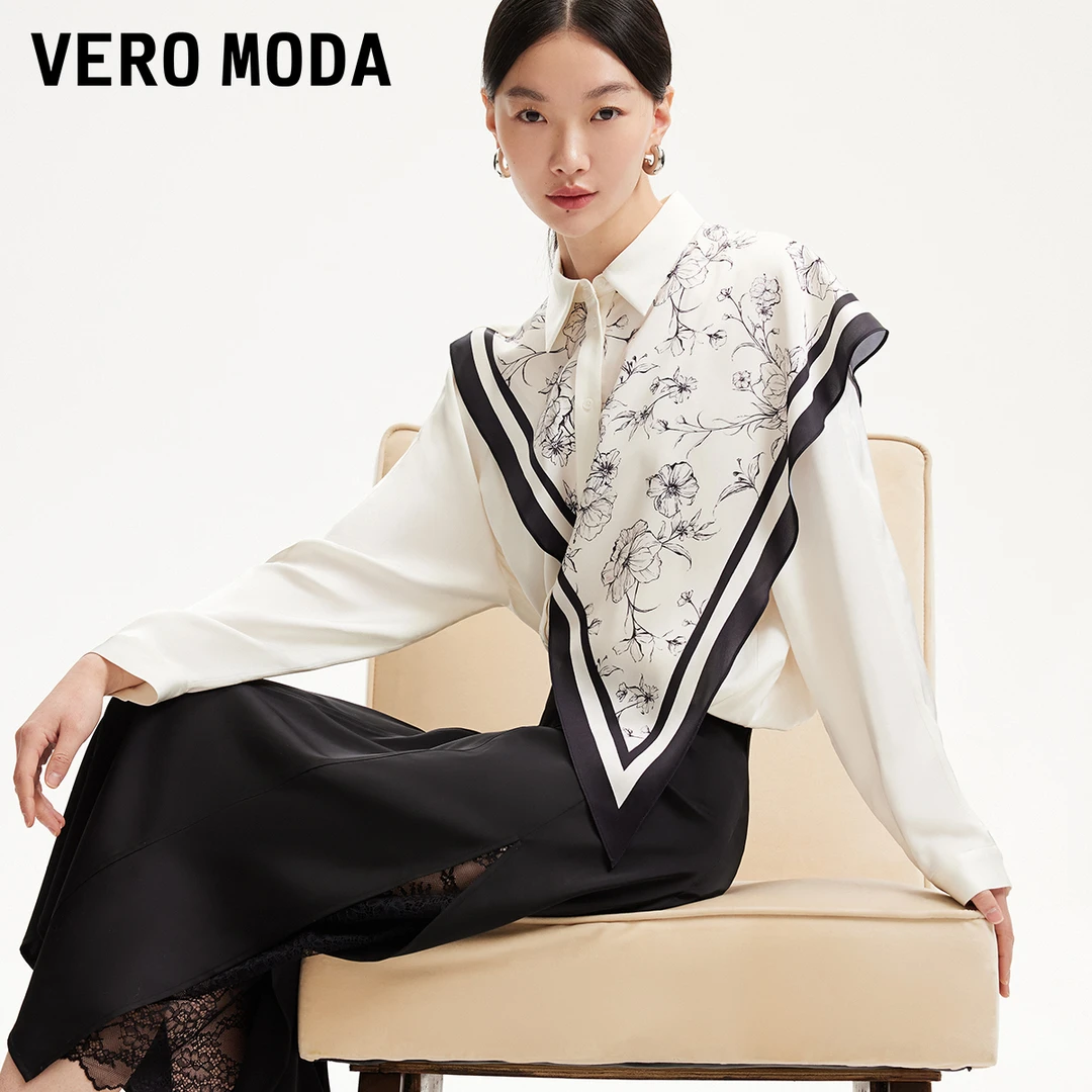 Vero Moda衬衫洋气女翻领单排扣印花丝巾拼接千金清冷感325105020