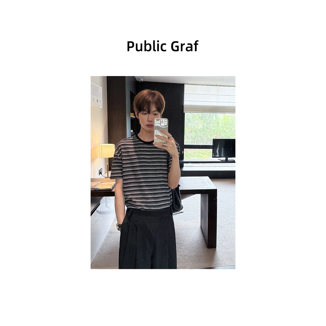 高林凡 韩系简约黑白灰色调条纹针织短袖薄款内搭磅正肩圆领t恤