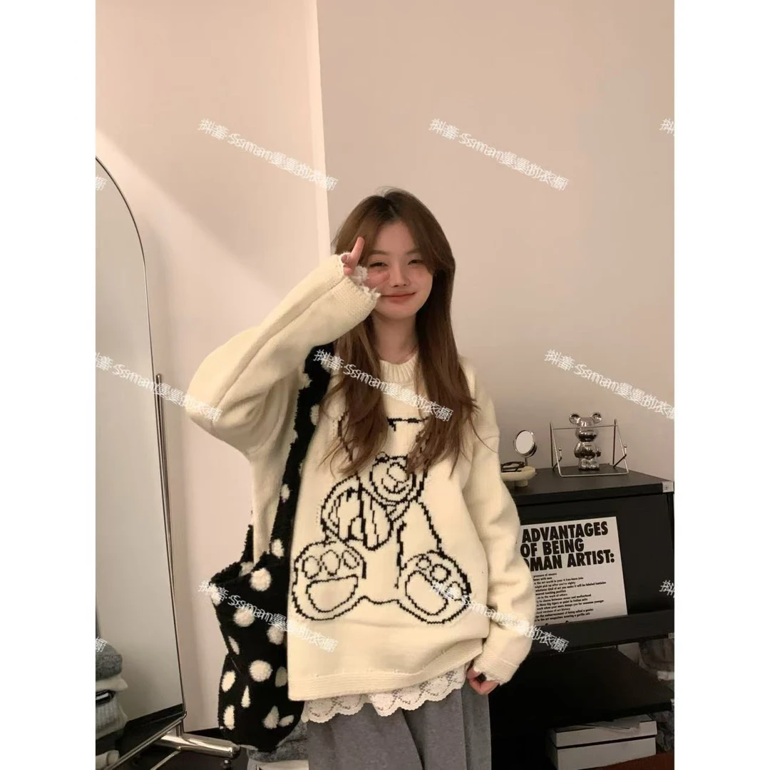 Ssman【小熊毛衣】针织圆领保暖百搭小熊图案套头毛衣