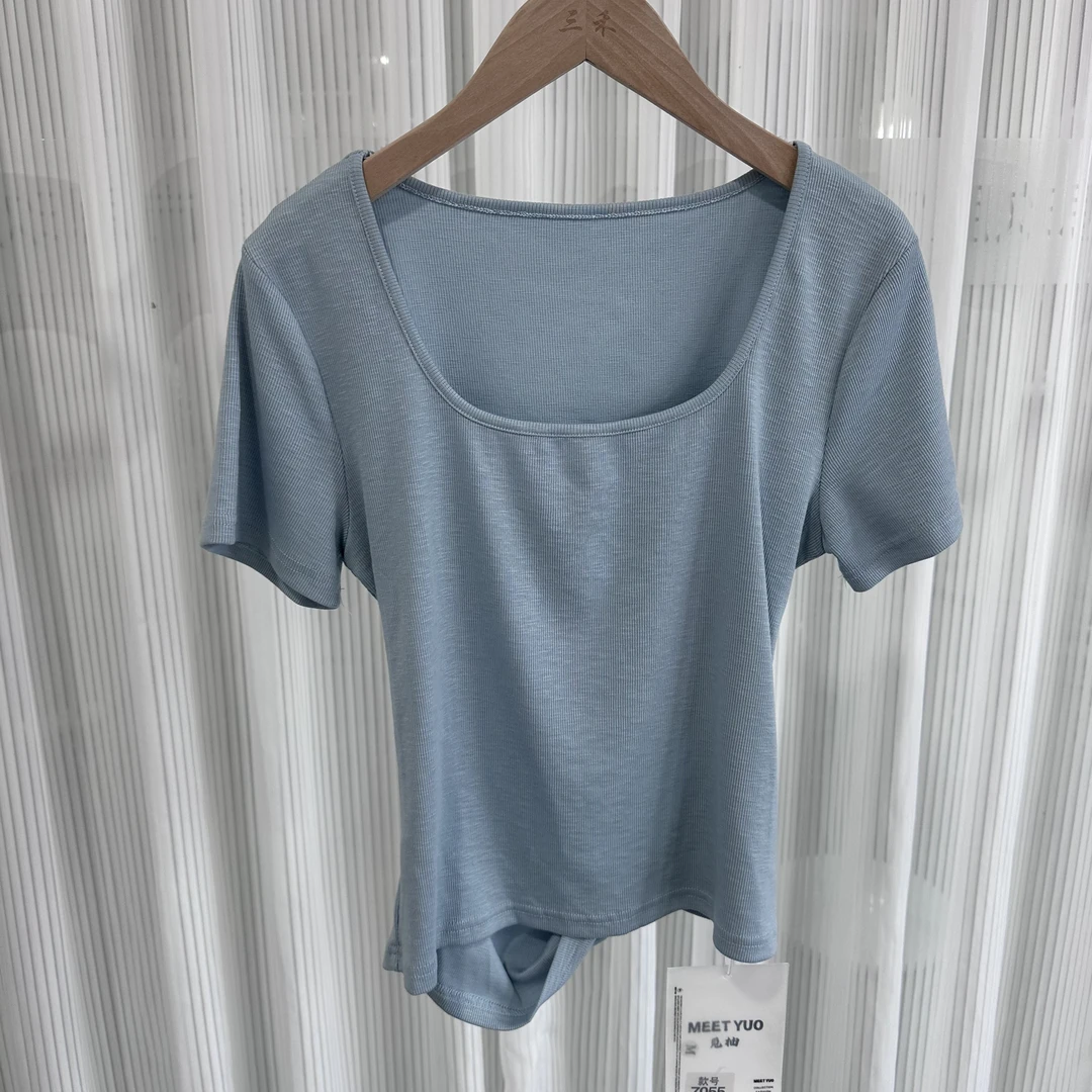 【7055-my】显瘦时尚夏季不规则修身纯色方领气质短款百搭短袖