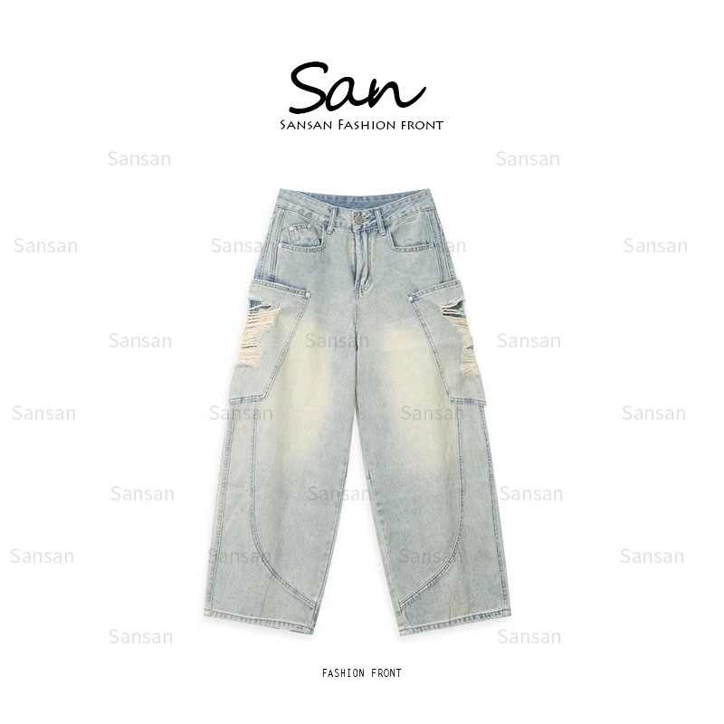 【SANSAN】夏季破洞显瘦高腰百搭气质直筒休闲时尚牛仔裤DY-4727