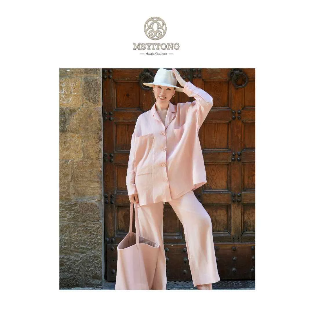 【MSYITONG甄选】莫兰迪粉色亚麻翻领西装两件套