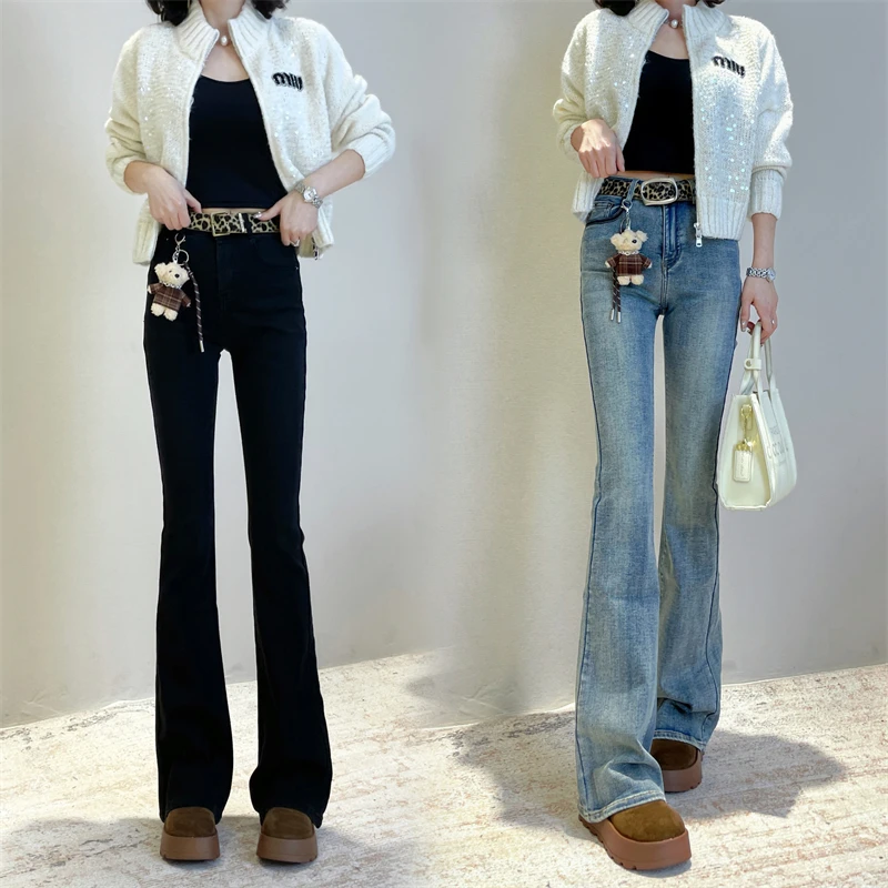 迪否加绒加厚微喇牛仔裤秋冬新款显高显瘦气质女款喇叭裤9045