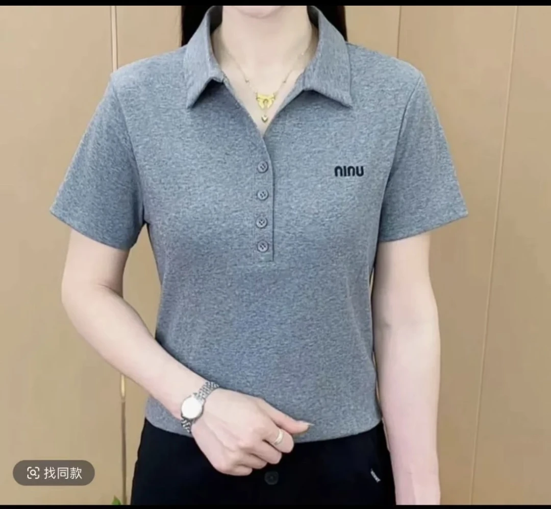 短袖翻领通勤刺绣纽扣修身T恤t恤宽松气质时尚ol休闲