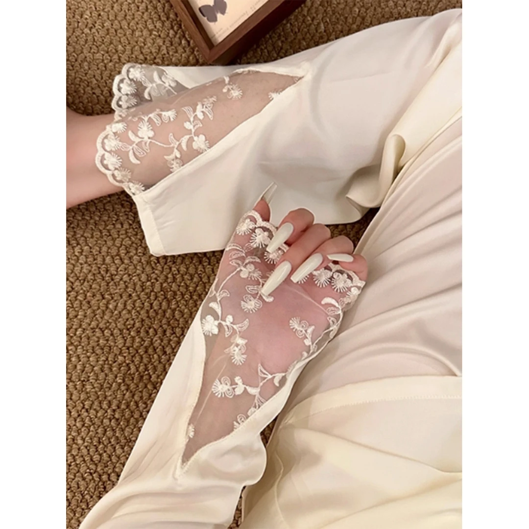 公主风蕾丝设计拼接冰丝睡衣女春秋款新款大码长袖长裤家居服套装