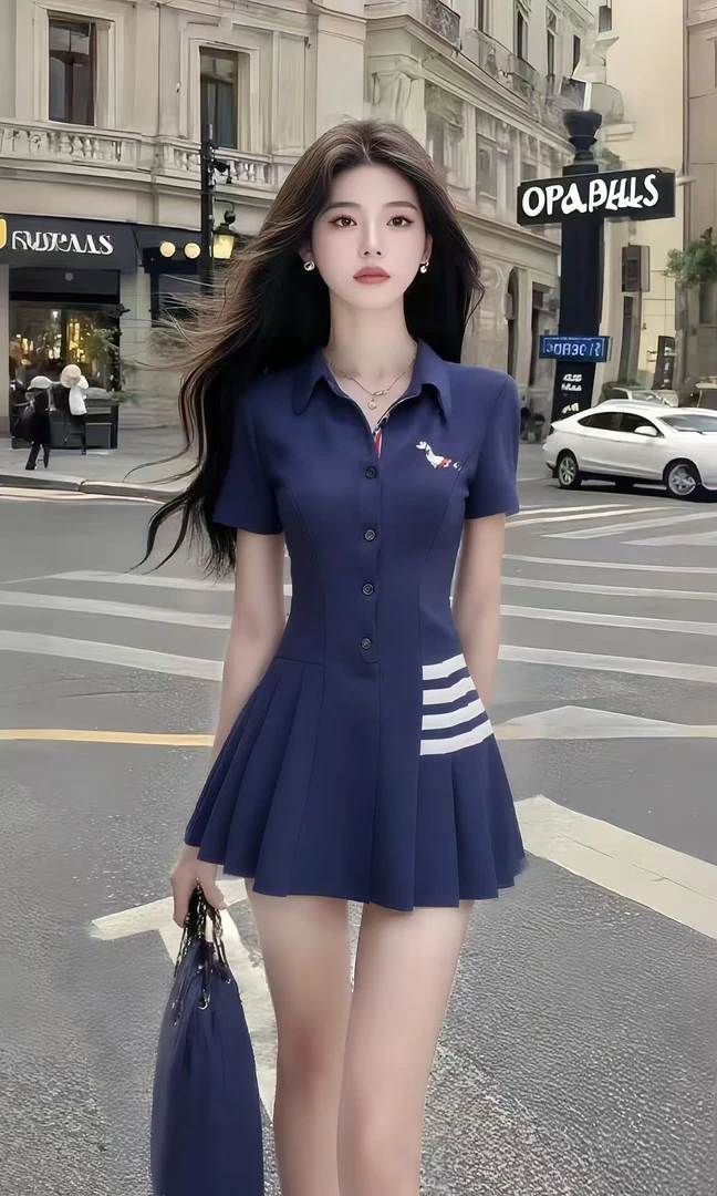 夏季新款藏青色衬衫领短袖收腰修身连衣裙女温柔风氛围感时尚女装