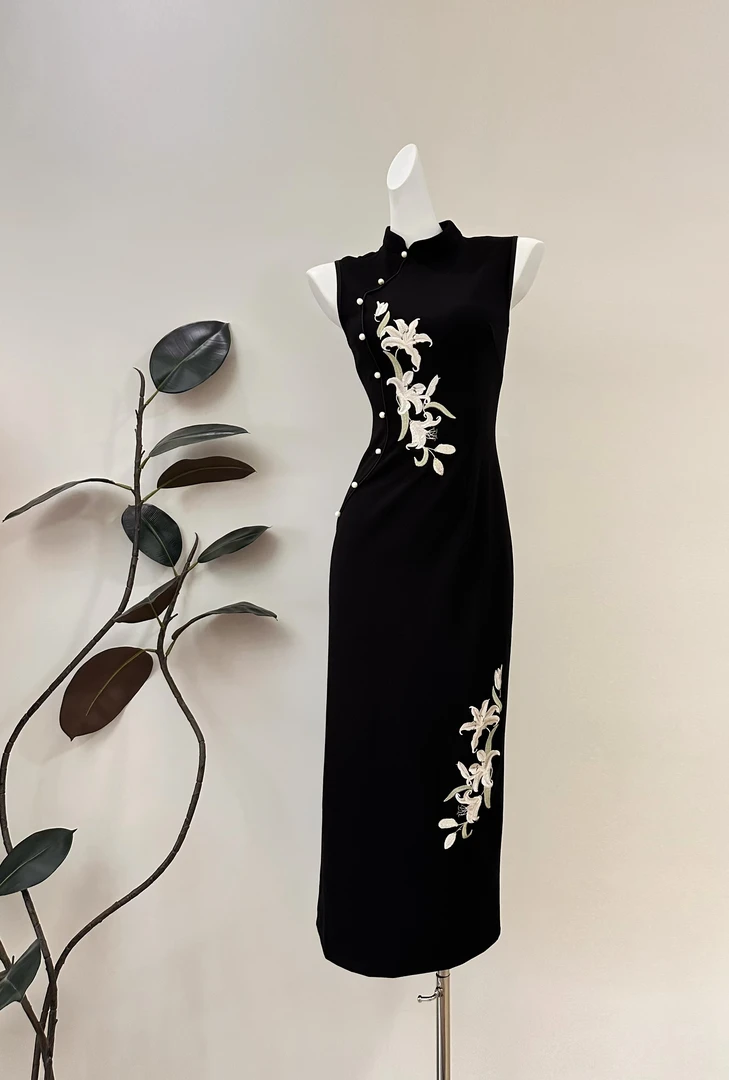 【夜阑香】日常包臀裙宴会长款包袖刺绣旗袍优雅黑色无袖复古