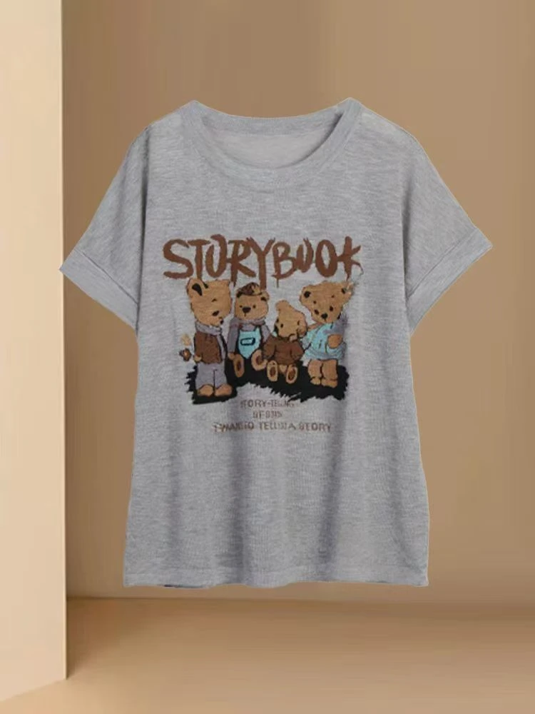 时尚卡通小熊短袖针织衫女2025年夏季新款宽松显瘦圆领t恤上衣潮