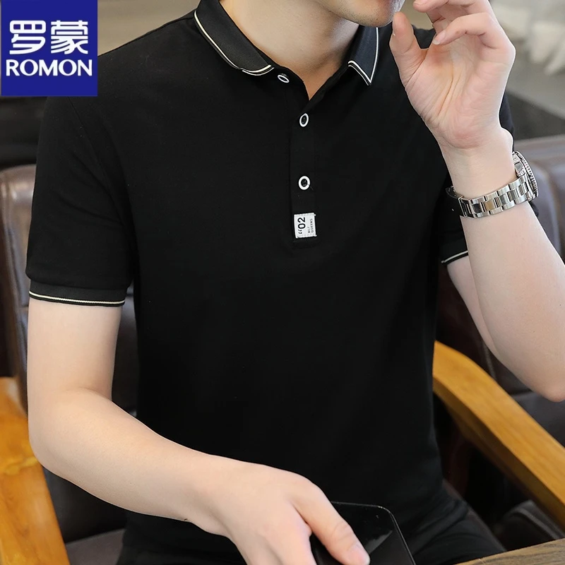 Romon/罗蒙夏季宽松型修身型短袖Polo衫衬衫运动翻领潮流时尚纯色