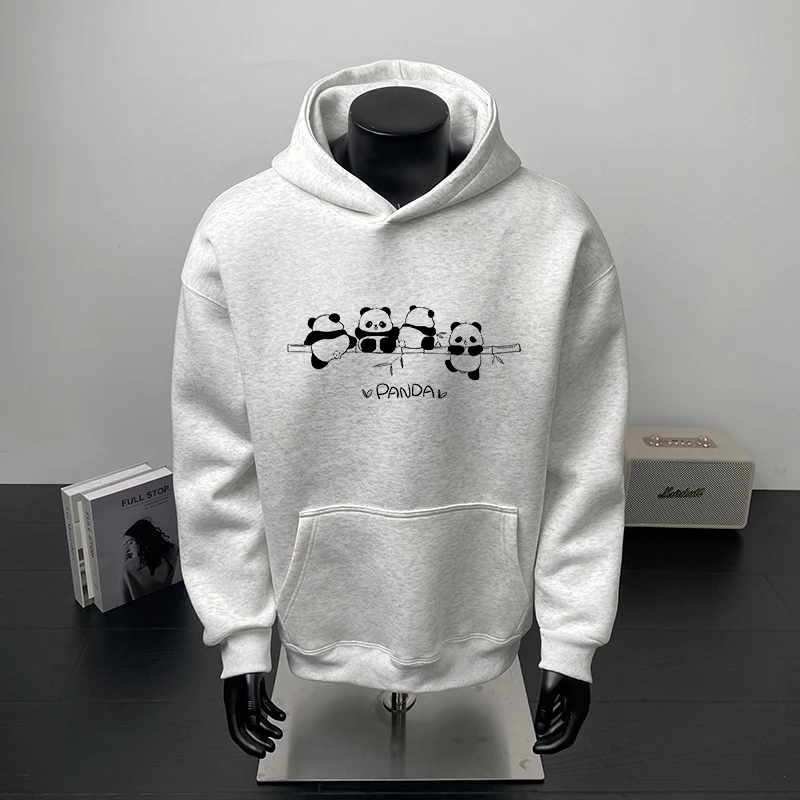 创意趣味熊猫印花连帽卫衣男潮牌潮流百搭450g重磅100%纯棉青少年