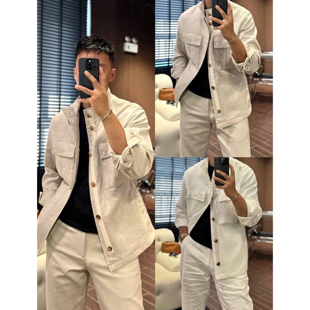 【杰M65/35800版/亚麻配皮】早秋立领猎装男装夹克外套配皮—815201