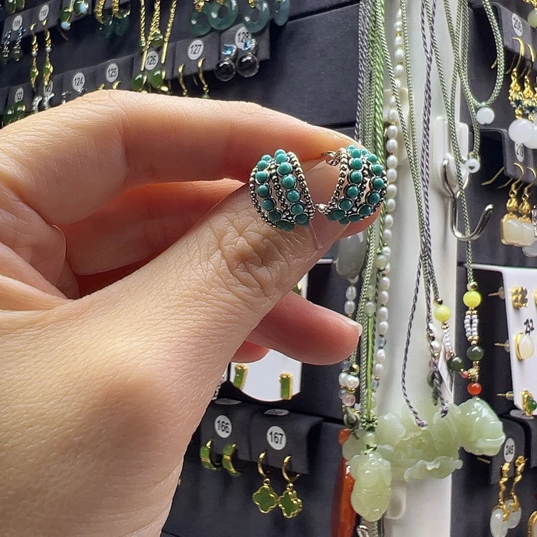 琥珀足银镶嵌耳饰通体纯银天然松石耳扣