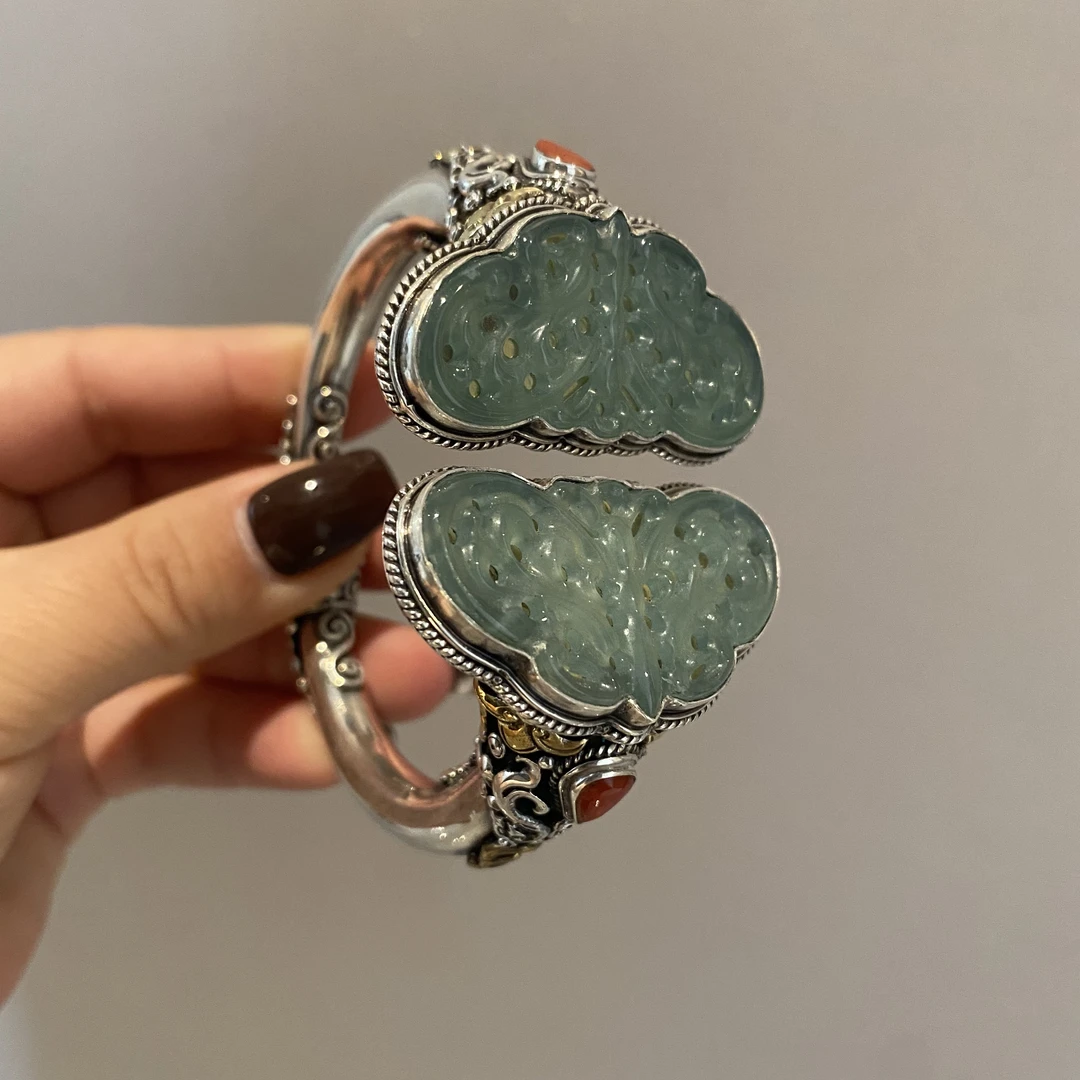 925银手镯 国外925银纯手工錾刻设计开口手镯古风手镯原创设计