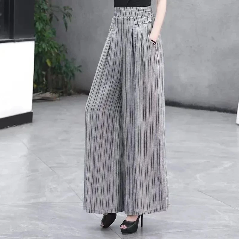 2025春夏新款款亚麻条纹阔腿裤女高腰宽松显瘦松紧腰麻料休闲裤子