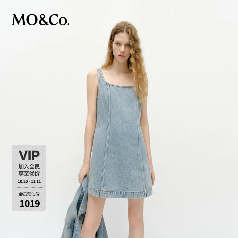 【流光风】MOCO新品重工钻饰彩绘艺术洗褪牛仔连衣裙MBE1DRS004