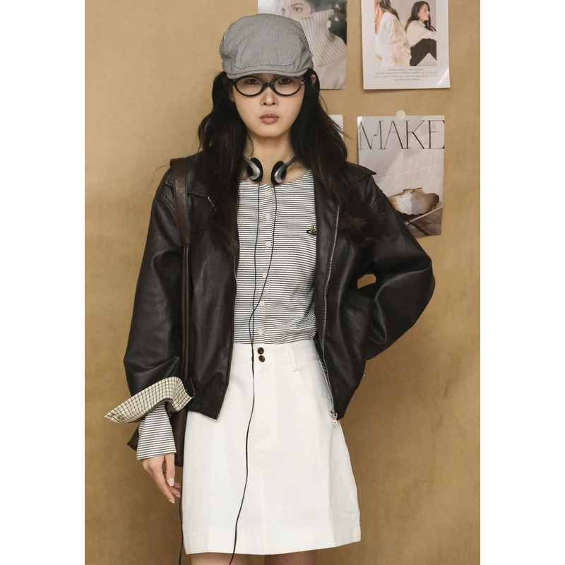 商场同款/百武西“奥利奥”复古翻领设计PU皮夹克短款外套女1395