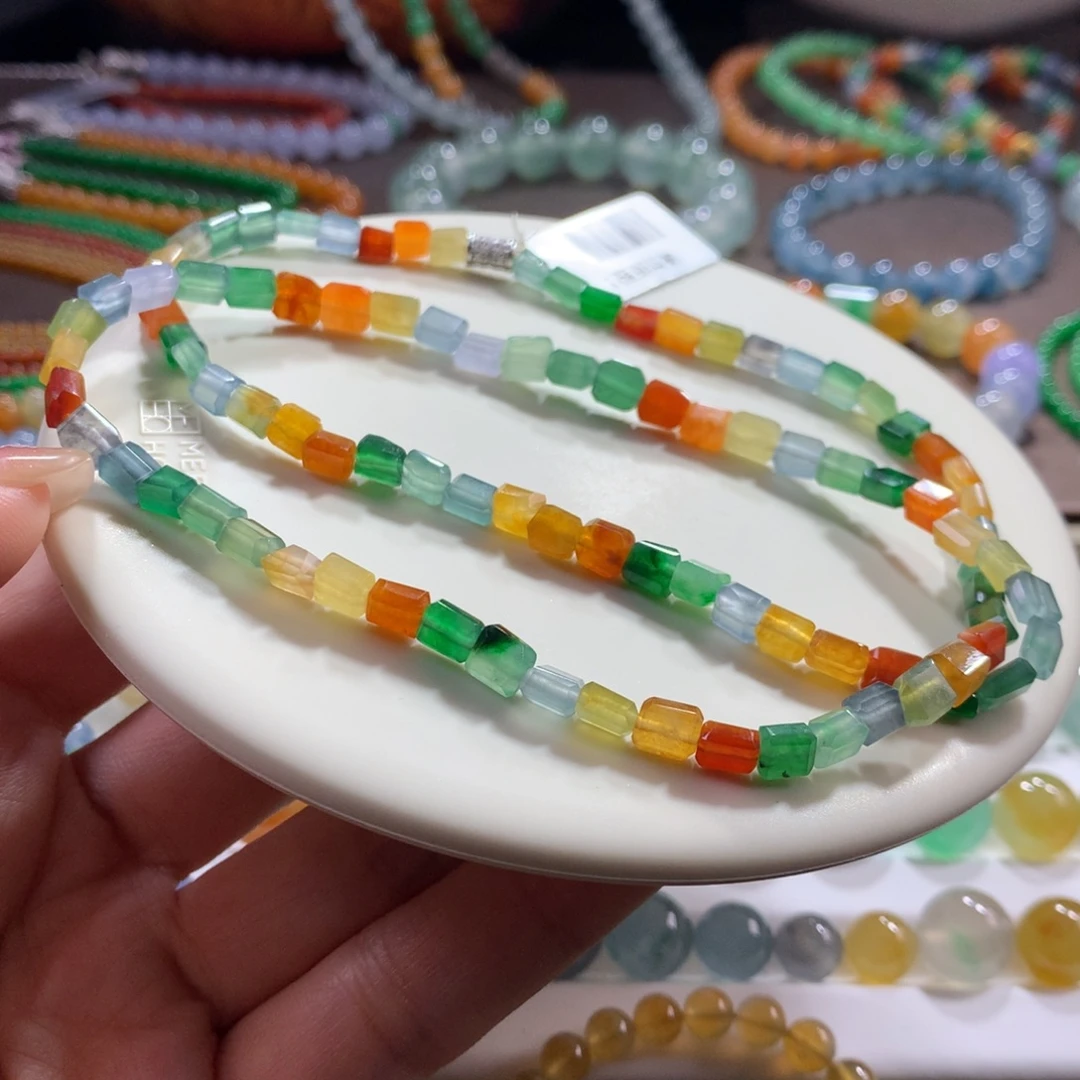 翡翠未镶嵌手链高货同料！冰透浓艳彩虹随型