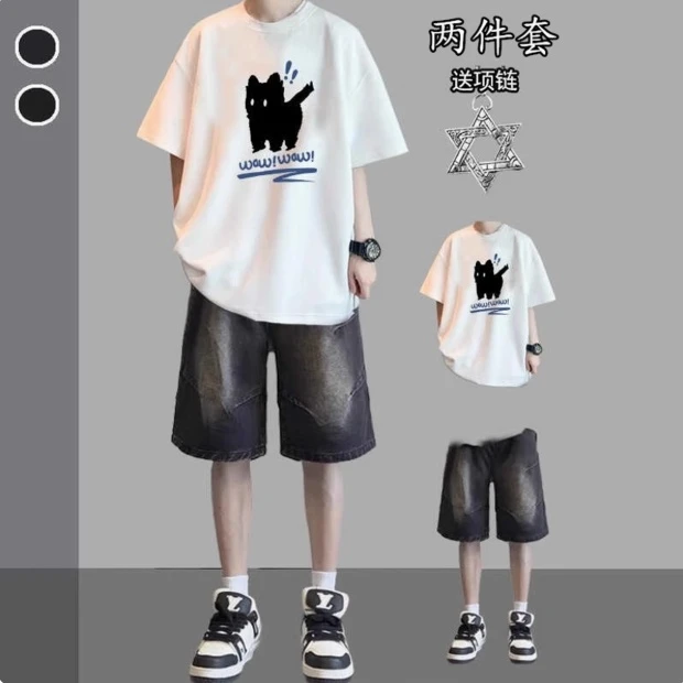 潮牌上衣男女同款夏潮流帅气套装男士搭配牛仔短裤休闲宽松三件套