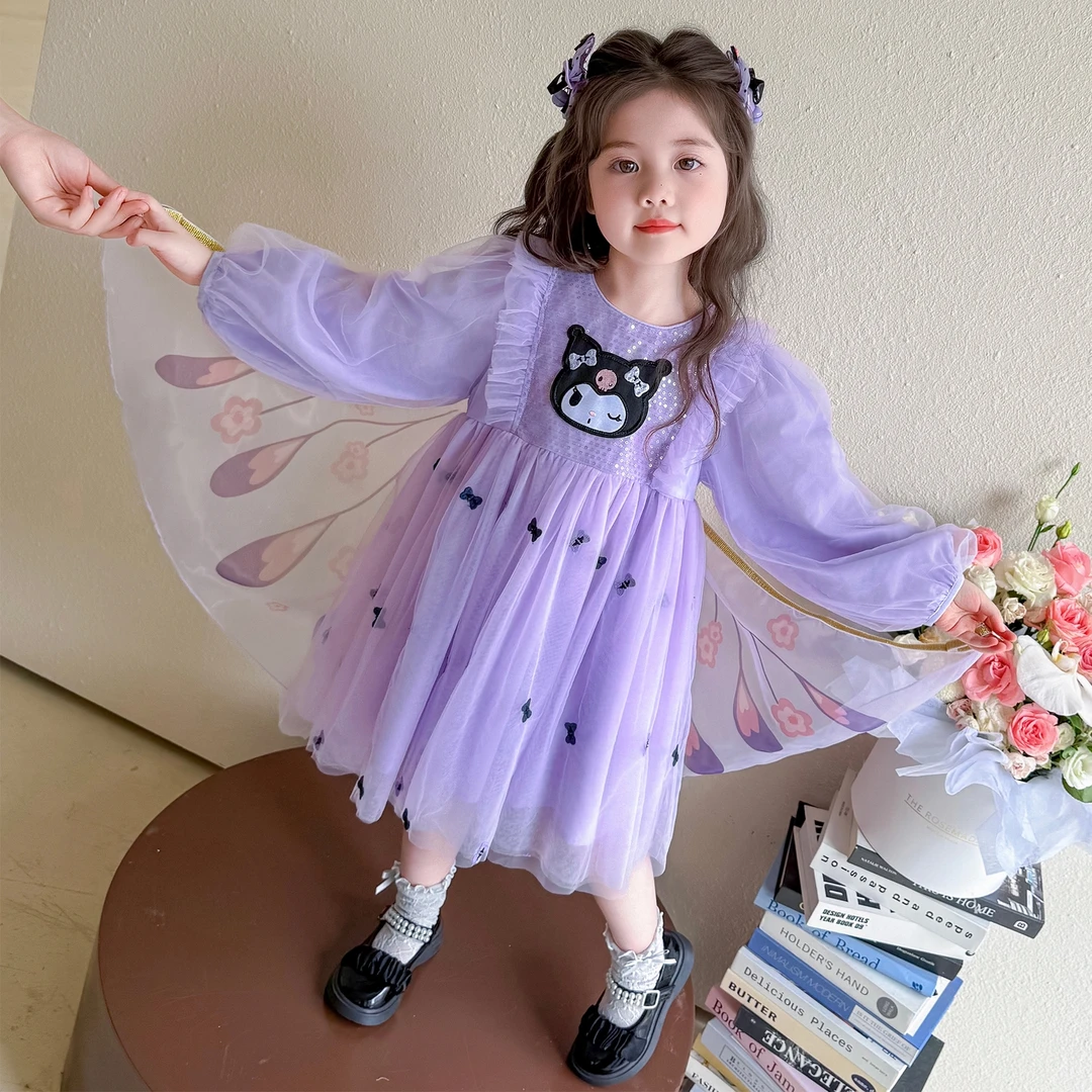 女童连衣裙秋装2025儿童洋气长袖翅膀库洛米女宝春秋时髦公主纱裙