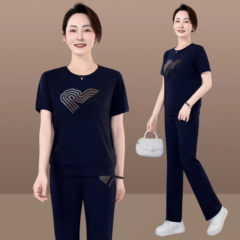 恩狐时尚中老年女装洋气夏季新款长裤圆领运动套装两件套
