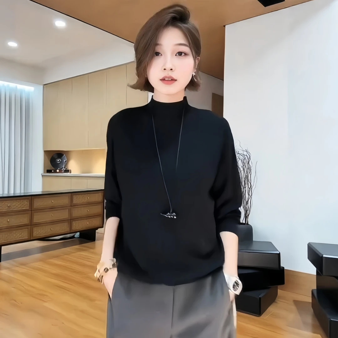 黑色显瘦立领打底针织衫女2025冬季大码胖MM长袖宽松百搭高级上衣