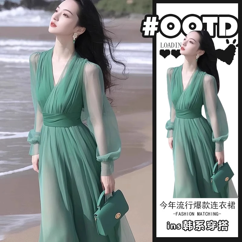 春夏季气质穿搭高端精致轻奢高级感御姐风情万种绿色连衣裙高级装