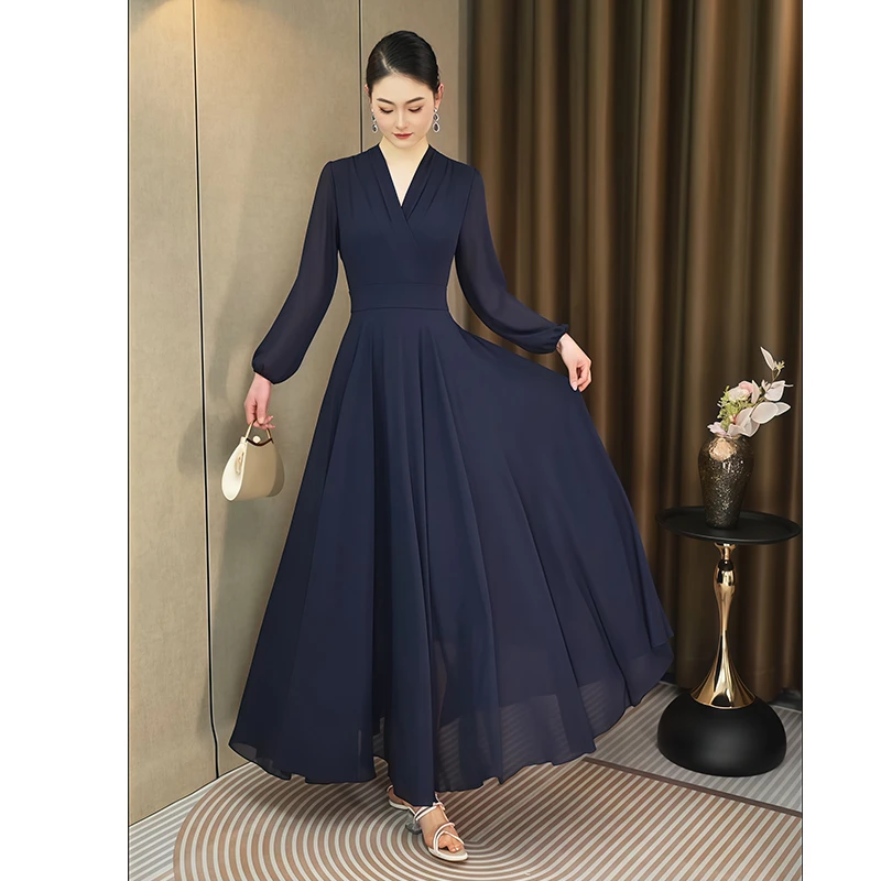 高级感长裙V领夏季长款显瘦气质连衣裙收腰高贵修身法式女神范