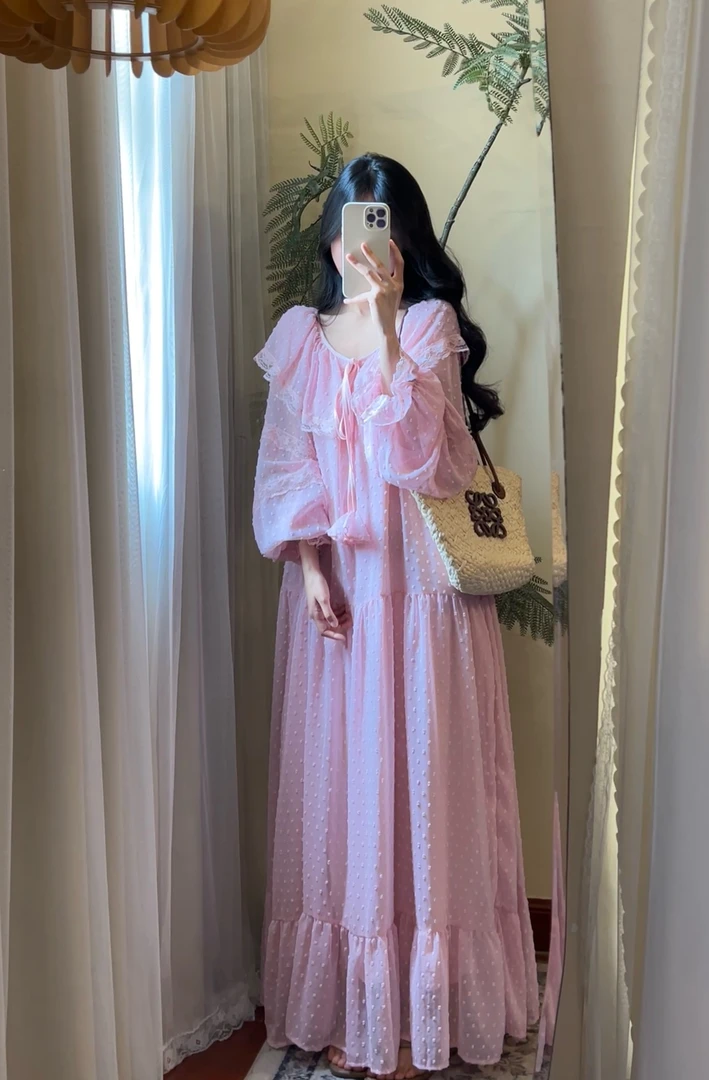 【ROUROU】法式甜豆｜专属 韩版设计感荷叶边宽松温柔风波点连衣裙