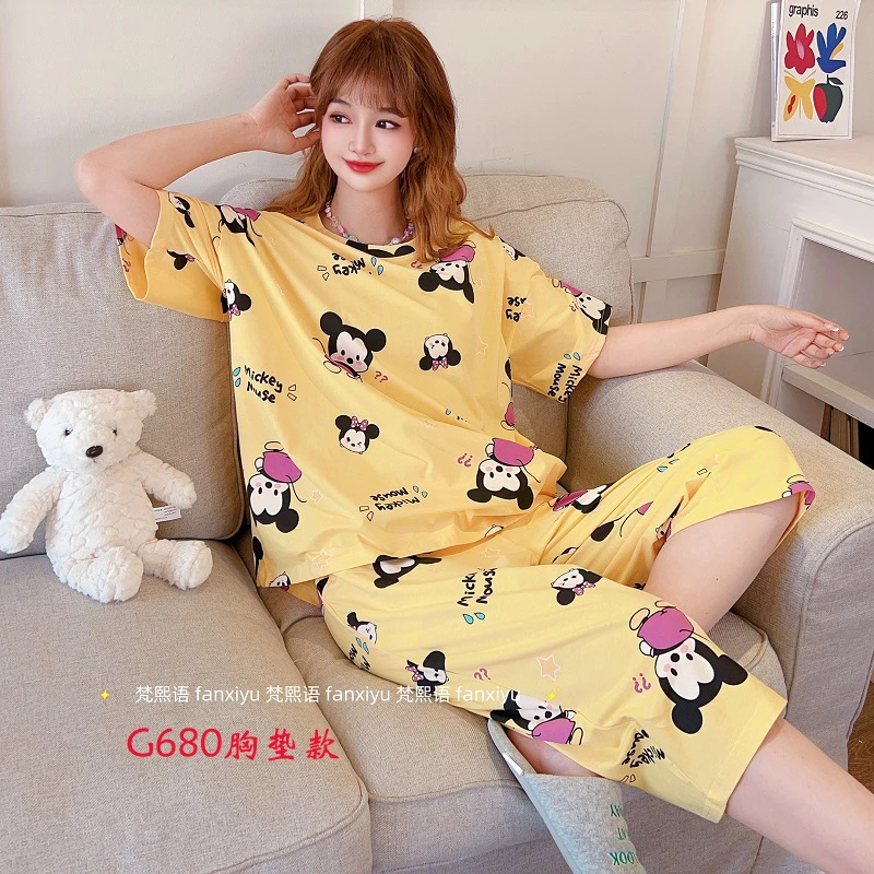 梵熙语睡衣女2025博主推荐网红短袖七分裤薄款宽松纯棉胸垫家居服