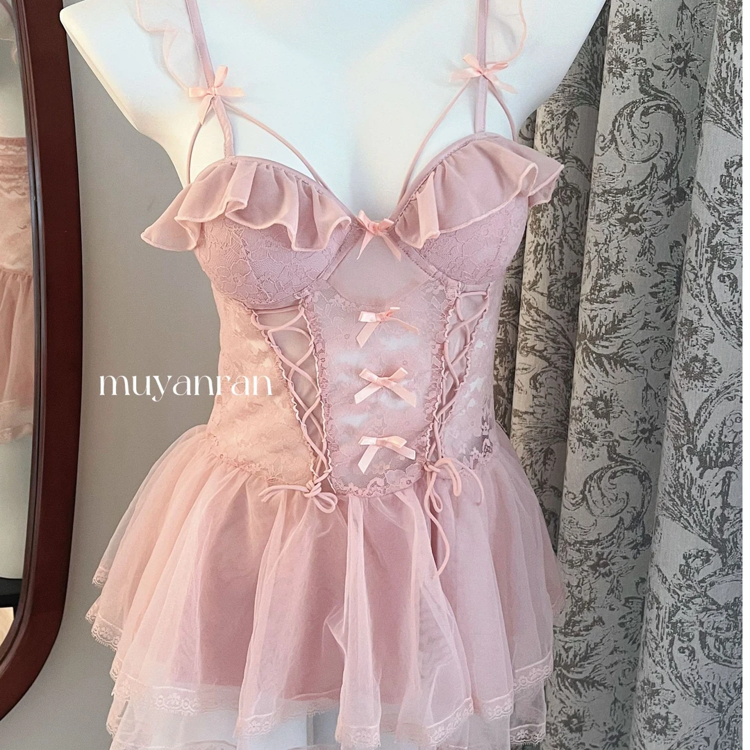 【童话】(80-140)纯欲风甜美蕾丝仙女睡裙自带胸垫聚拢显瘦