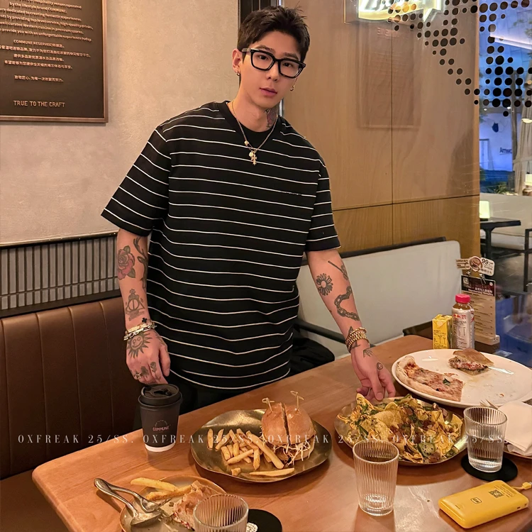 OXFREAK「字母绣花 niu风」300重磅纯棉条纹短袖t恤男宽松半截袖