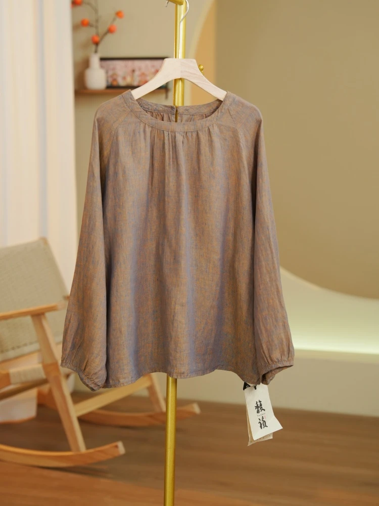 2-624353{炫彩色高定色织汉亚麻}时尚百搭圆领上衣长袖