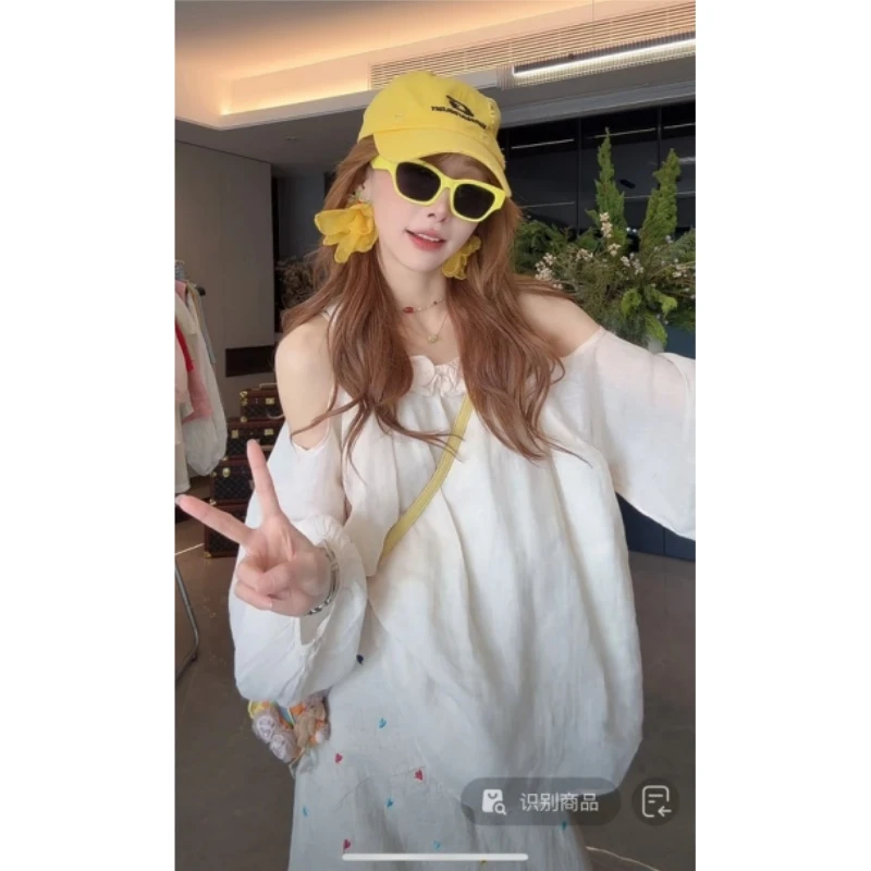 夏季独特漂亮精致套装白色花边露肩防晒长袖衬衫波点半身裙两件套