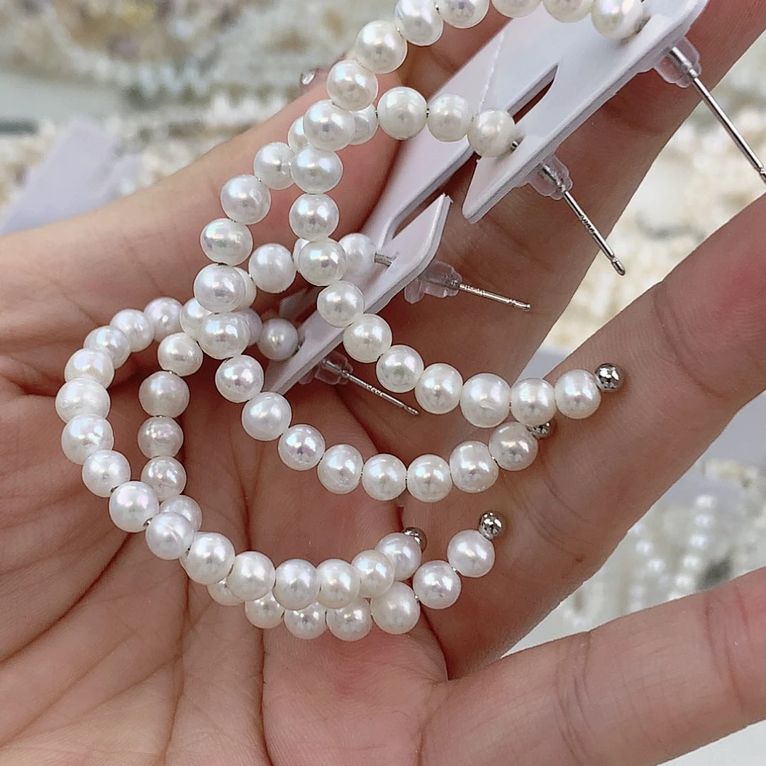 银S925镶嵌耳饰淡水珍珠大c